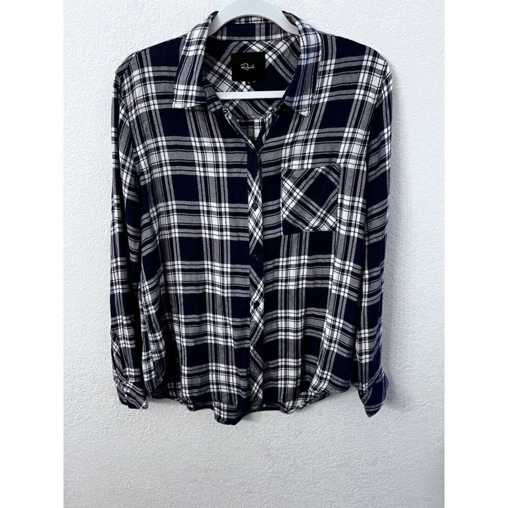 Rails V Neck Plaid Top Size Medium Navy/White